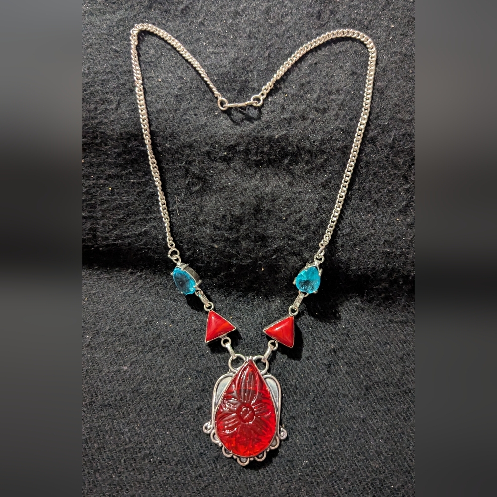 Silver Plated Red Floral Carved Glass Coral Blue Crystal Statement Necklace